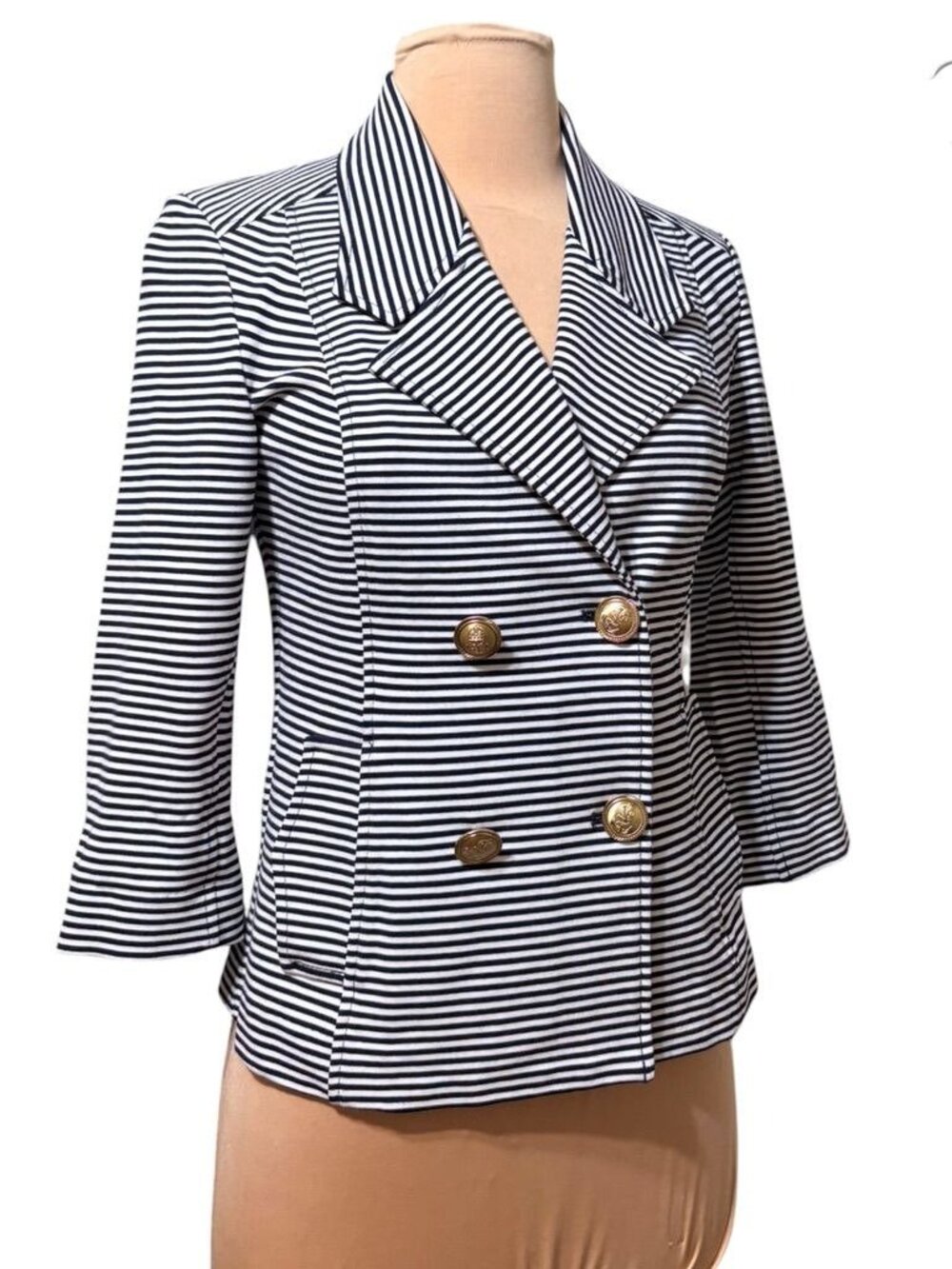 Cabi Striped Preppy Jacket XS Navy White Double Breast Button Classic Luxury EUC